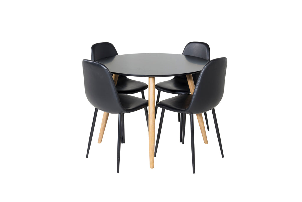 Plaza rund matgrupp med 4 Polar-stolar Ø100 cm, höjd 75 cm, ekimitation/svart konstläder