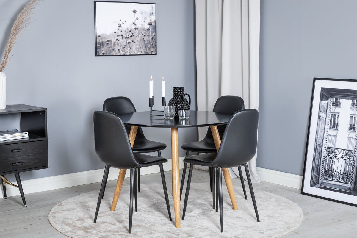 Plaza rund matgrupp med 4 Polar-stolar Ø100 cm, höjd 75 cm, ekimitation/svart konstläder