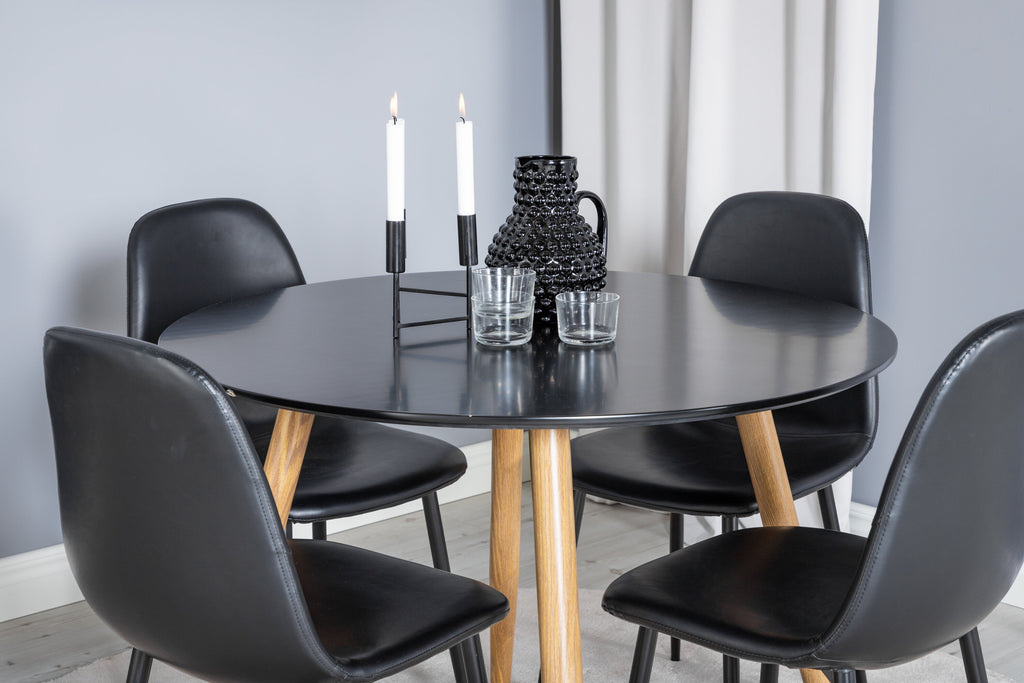 Plaza rund matgrupp med 4 Polar-stolar Ø100 cm, höjd 75 cm, ekimitation/svart konstläder