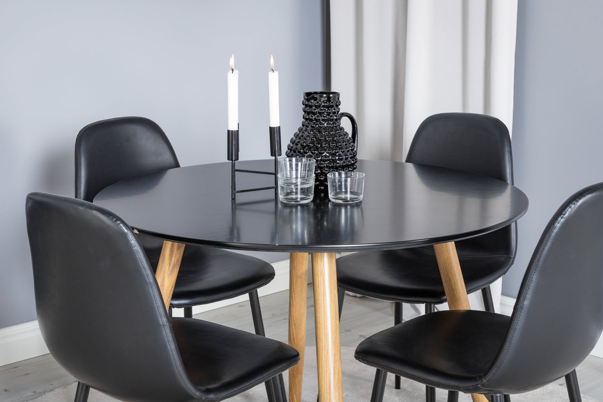 Plaza rund matgrupp med 4 Polar-stolar Ø100 cm, höjd 75 cm, ekimitation/svart konstläder