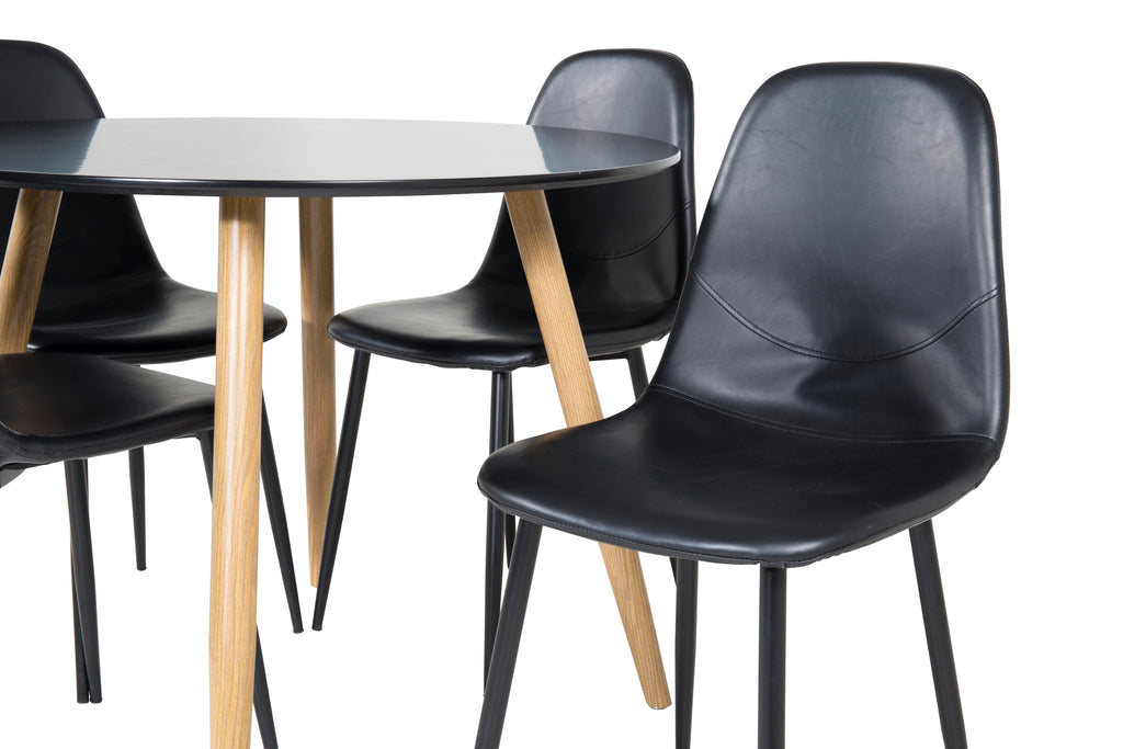 Plaza rund matgrupp med 4 Polar-stolar Ø100 cm, höjd 75 cm, ekimitation/svart konstläder