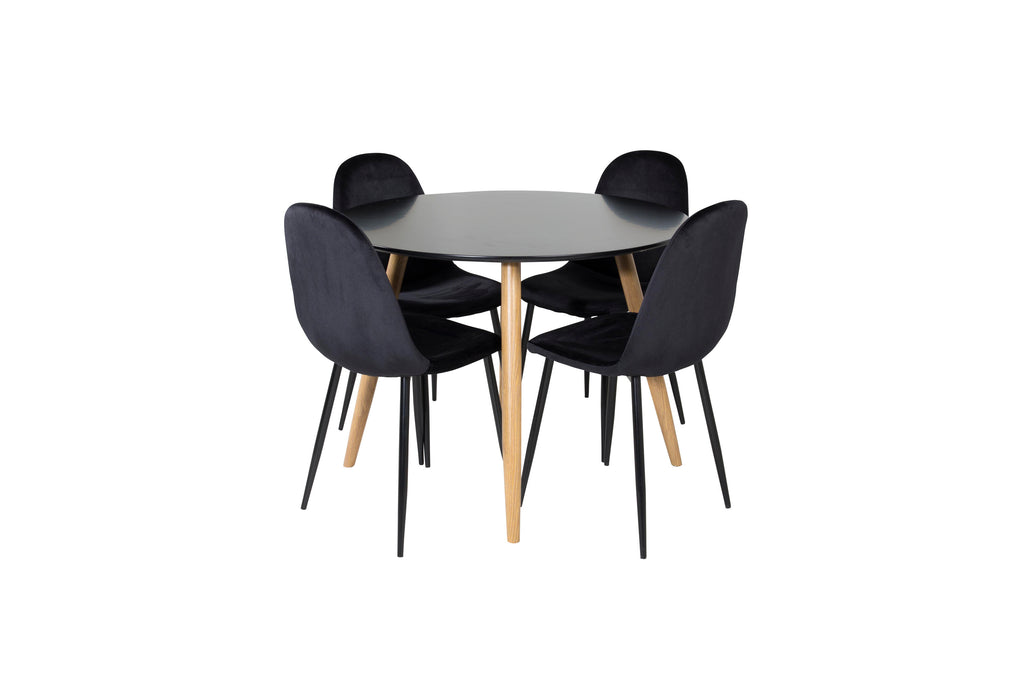 Plaza rund matgrupp med 4 Polar-stolar Ø100 cm, höjd 75 cm, ekimitation/svart sammet