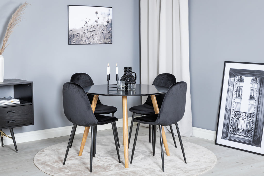 Plaza rund matgrupp med 4 Polar-stolar Ø100 cm, höjd 75 cm, ekimitation/svart sammet