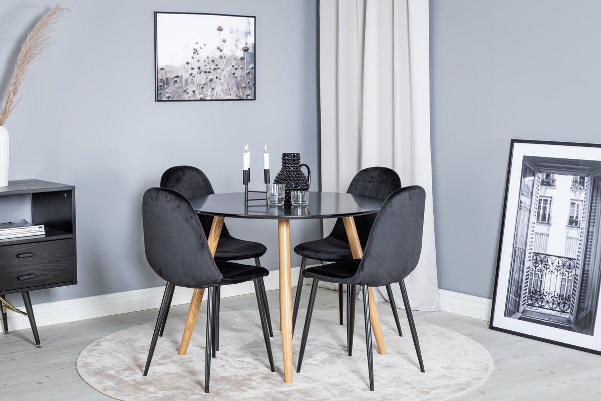 Plaza rund matgrupp med 4 Polar-stolar Ø100 cm, höjd 75 cm, ekimitation/svart sammet