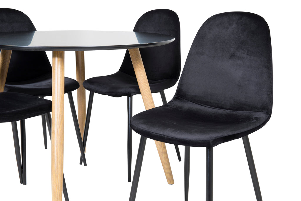 Plaza rund matgrupp med 4 Polar-stolar Ø100 cm, höjd 75 cm, ekimitation/svart sammet