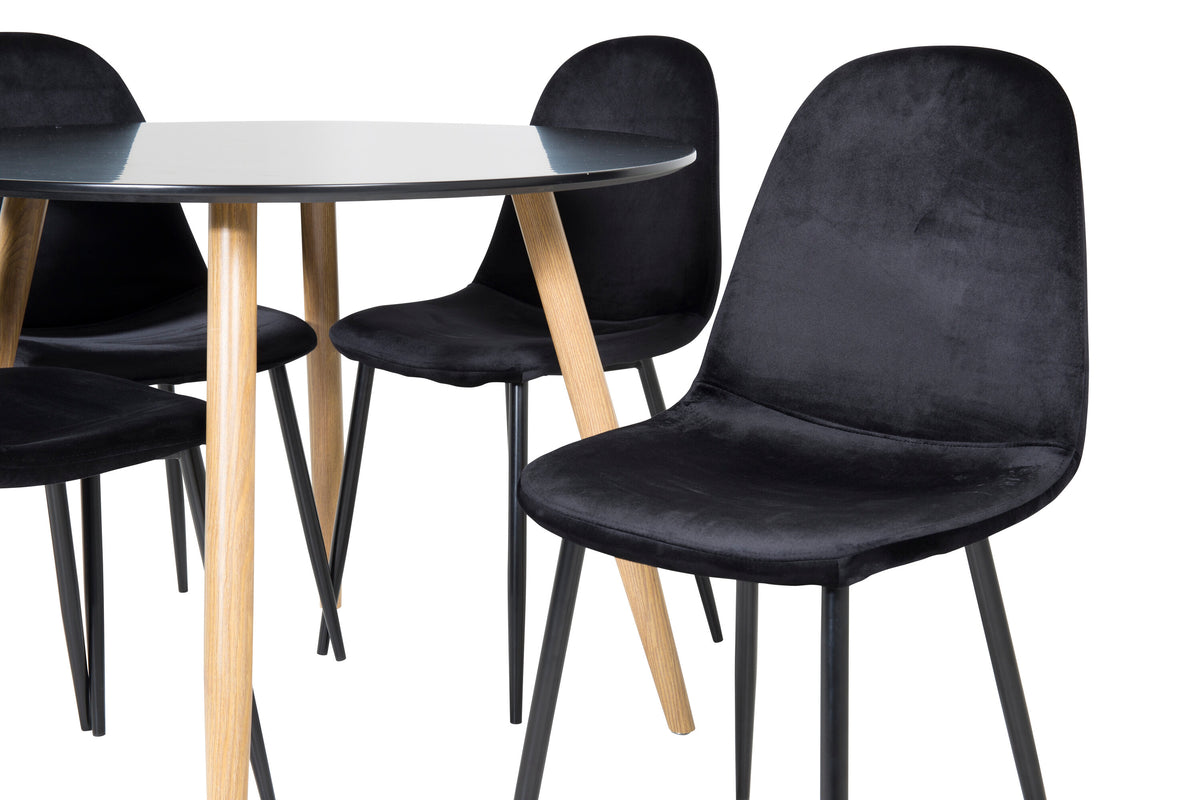 Plaza rund matgrupp med 4 Polar-stolar Ø100 cm, höjd 75 cm, ekimitation/svart sammet