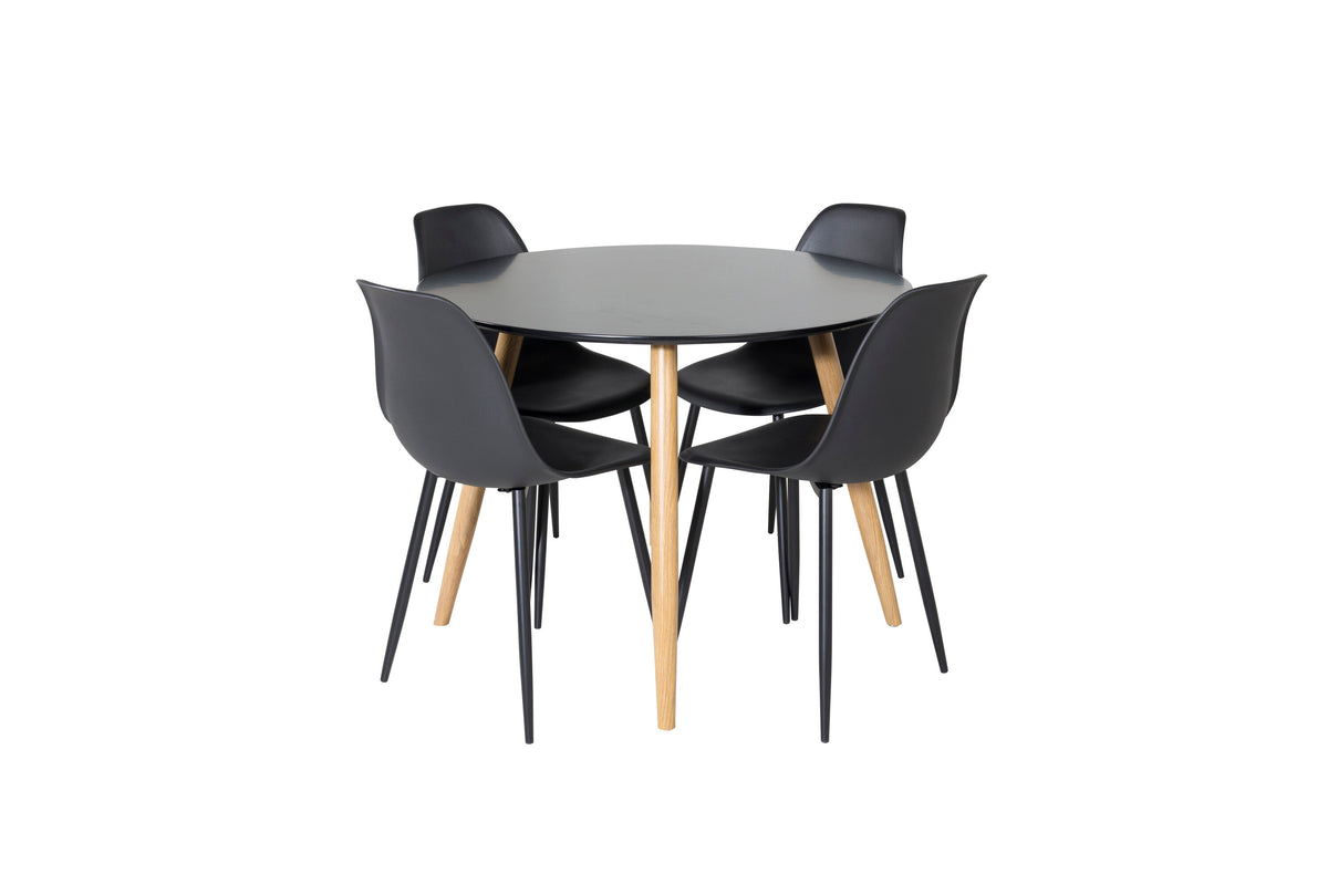 Plaza rund matgrupp med 4 Polar-stolar Ø100 cm, höjd 75 cm, ekimitation/svart plast