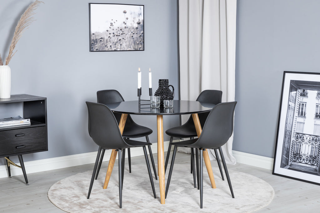 Plaza rund matgrupp med 4 Polar-stolar Ø100 cm, höjd 75 cm, ekimitation/svart plast