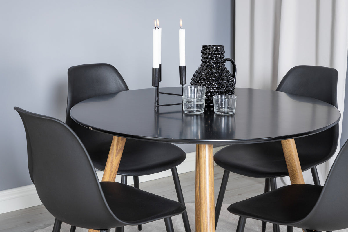 Plaza rund matgrupp med 4 Polar-stolar Ø100 cm, höjd 75 cm, ekimitation/svart plast