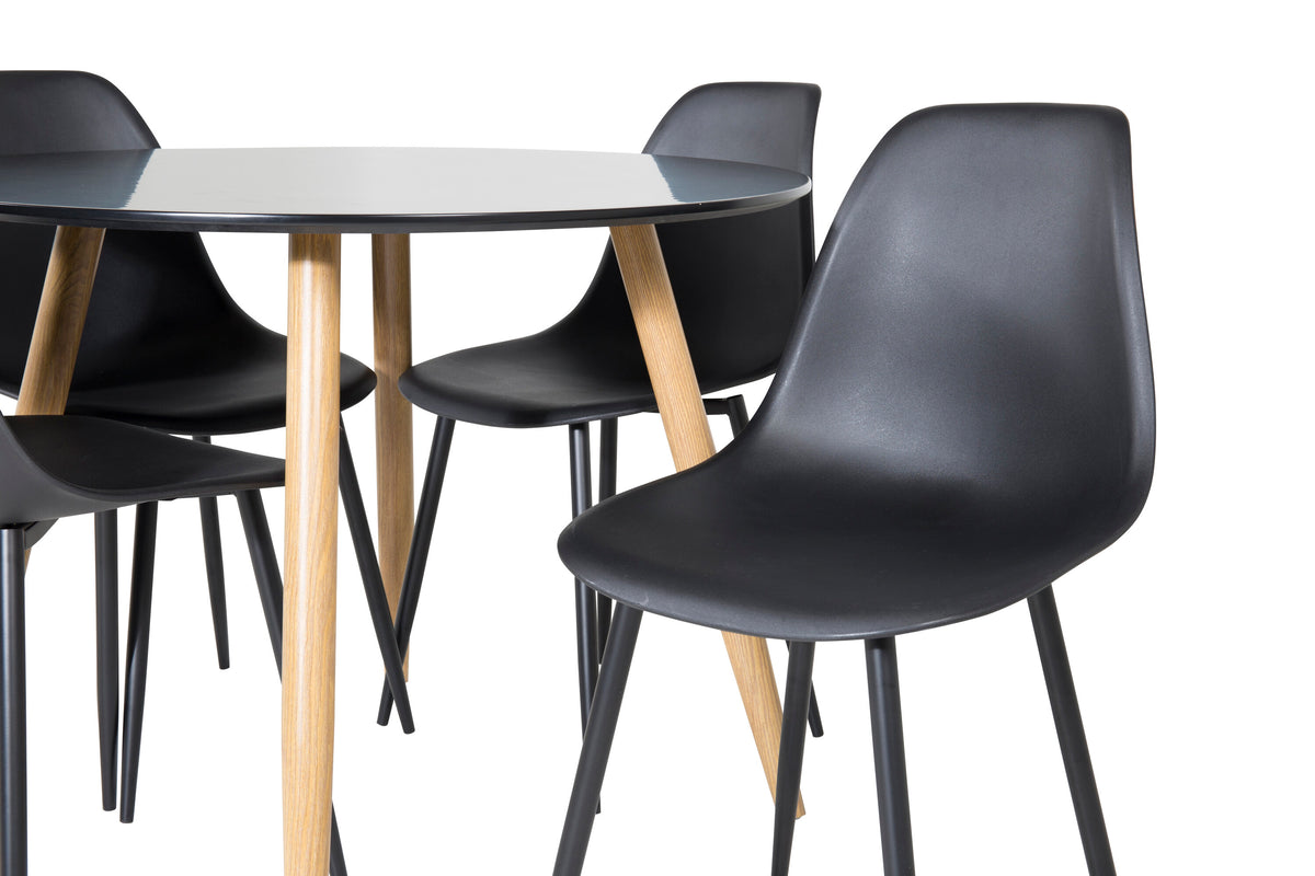 Plaza rund matgrupp med 4 Polar-stolar Ø100 cm, höjd 75 cm, ekimitation/svart plast