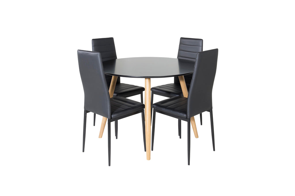 Plaza rund matgrupp med 4 Slim-stolar med hög rygg Ø100 cm, höjd 75 cm, ekimitation/svart konstläder
