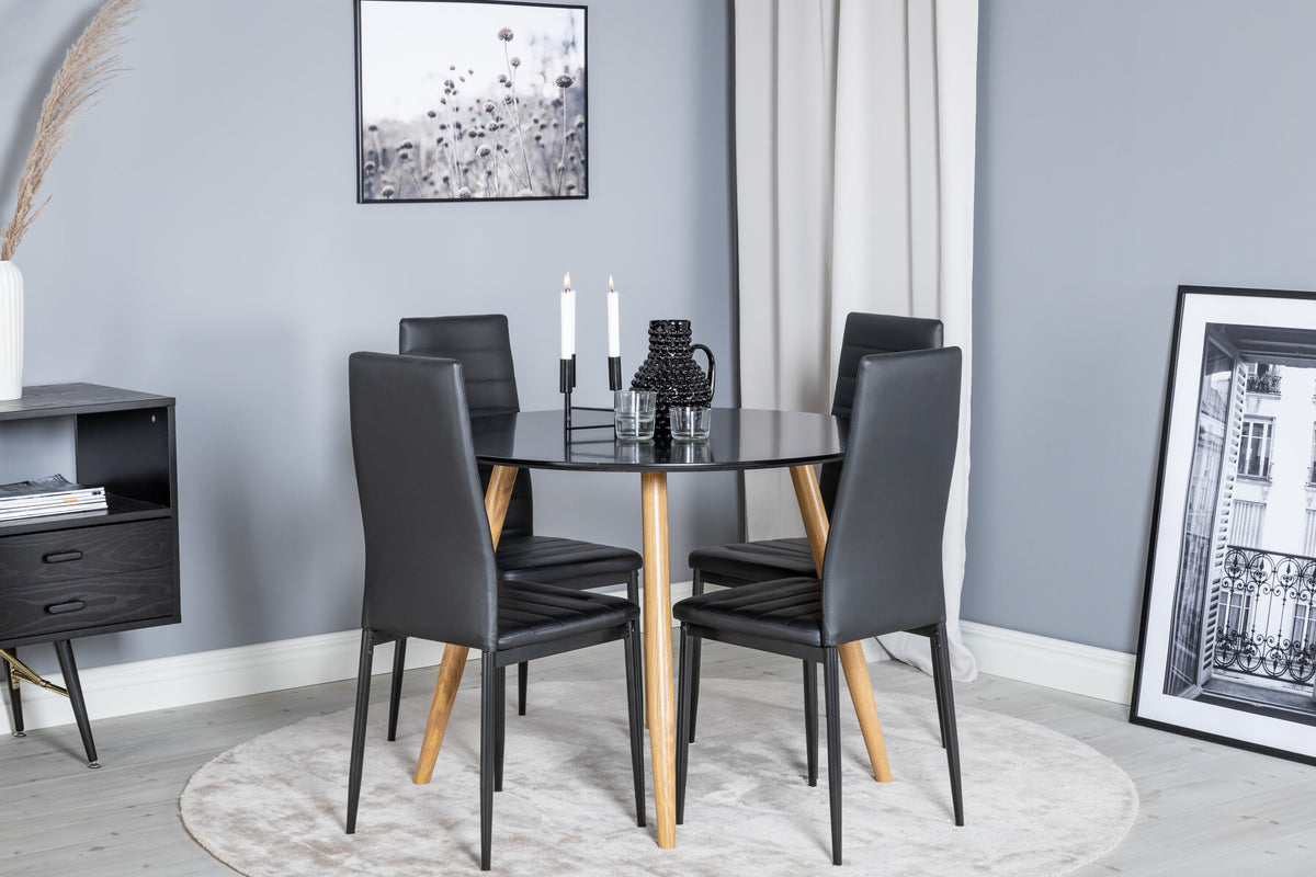 Plaza rund matgrupp med 4 Slim-stolar med hög rygg Ø100 cm, höjd 75 cm, ekimitation/svart konstläder