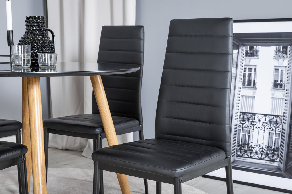Plaza rund matgrupp med 4 Slim-stolar med hög rygg Ø100 cm, höjd 75 cm, ekimitation/svart konstläder