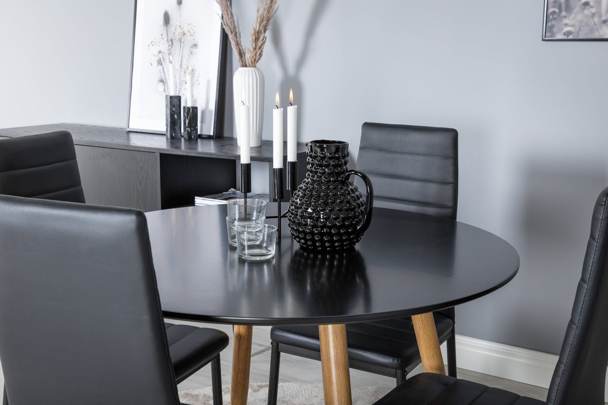 Plaza rund matgrupp med 4 Slim-stolar med hög rygg Ø100 cm, höjd 75 cm, ekimitation/svart konstläder