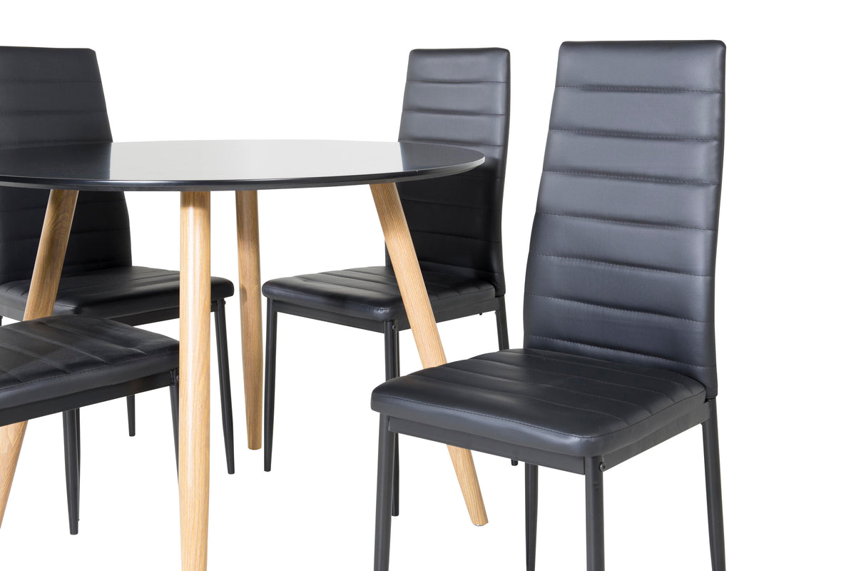 Plaza rund matgrupp med 4 Slim-stolar med hög rygg Ø100 cm, höjd 75 cm, ekimitation/svart konstläder