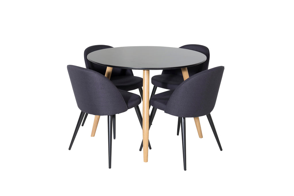 Plaza rund matgrupp med 4 Velvet-stolar Ø100 cm, höjd 75 cm, ekimitation/svart tyg