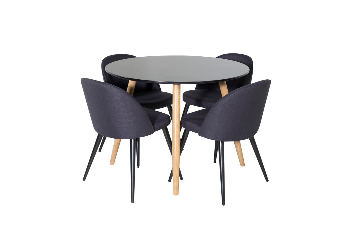 Plaza rund matgrupp med 4 Velvet-stolar Ø100 cm, höjd 75 cm, ekimitation/svart tyg