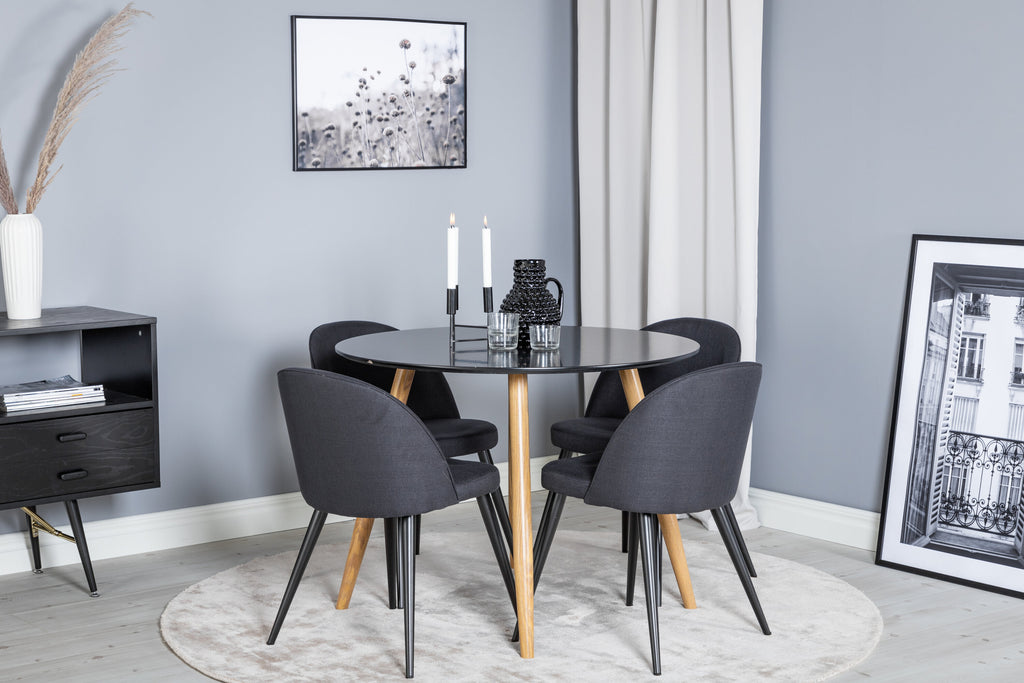 Plaza rund matgrupp med 4 Velvet-stolar Ø100 cm, höjd 75 cm, ekimitation/svart tyg