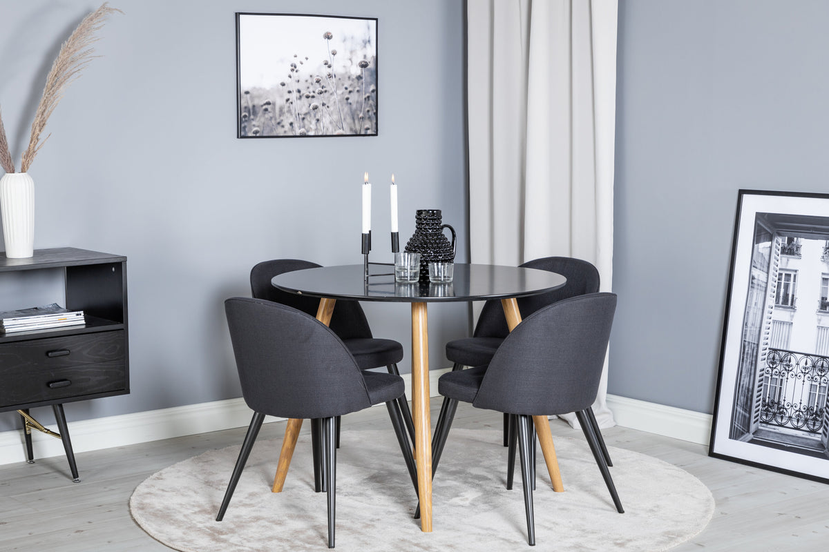 Plaza rund matgrupp med 4 Velvet-stolar Ø100 cm, höjd 75 cm, ekimitation/svart tyg