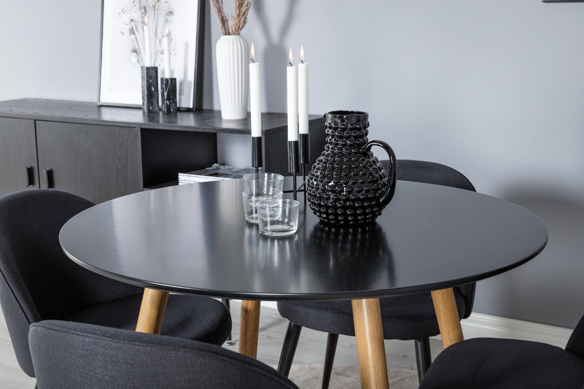 Plaza rund matgrupp med 4 Velvet-stolar Ø100 cm, höjd 75 cm, ekimitation/svart tyg