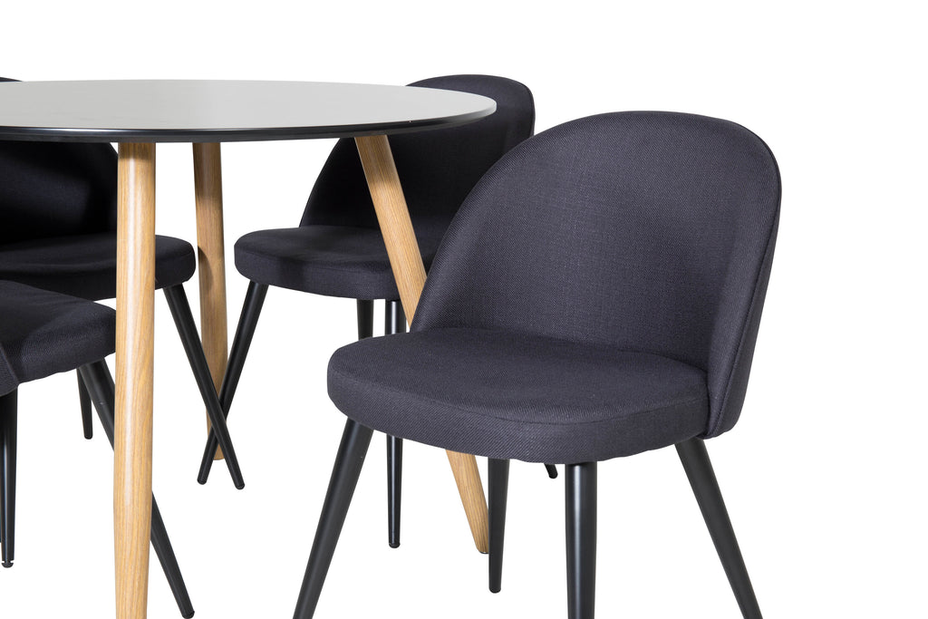 Plaza rund matgrupp med 4 Velvet-stolar Ø100 cm, höjd 75 cm, ekimitation/svart tyg