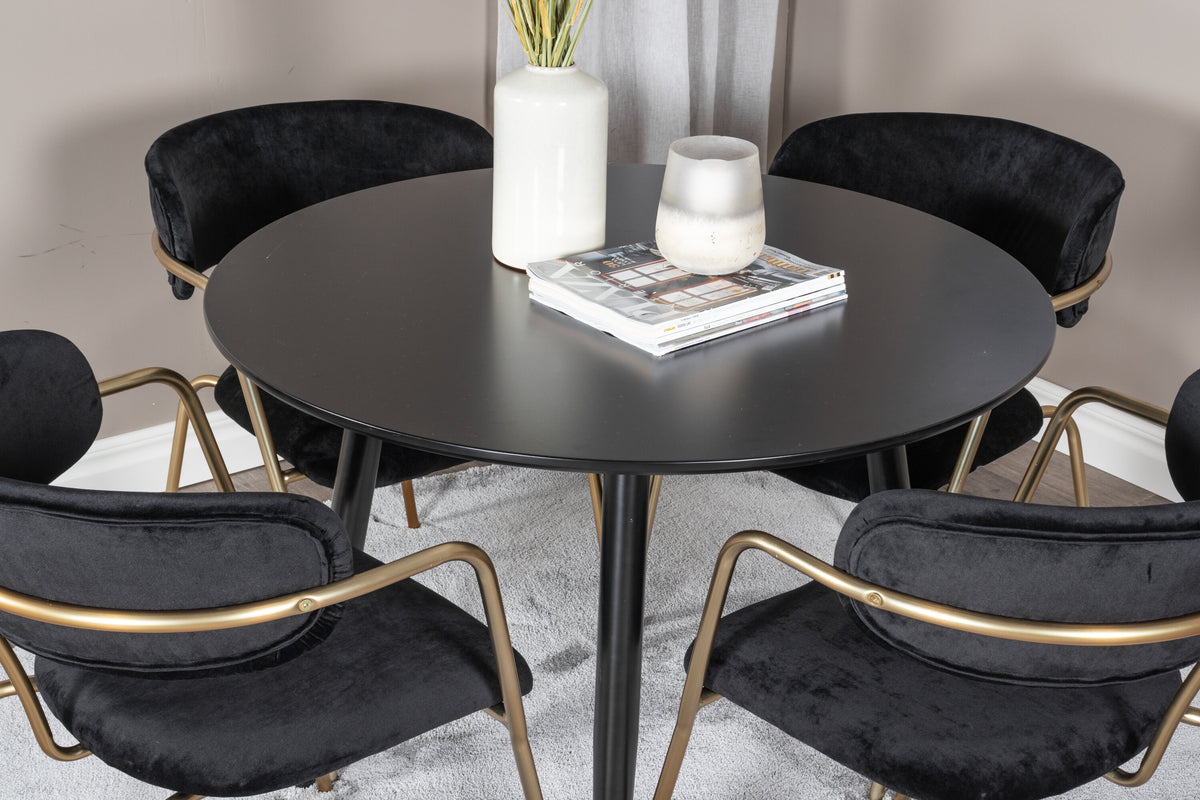 Plaza matgrupp med Arrow-karmstolar Ø100 cm höjd 75 cm svart sammet och mässingsfärgade stolsben