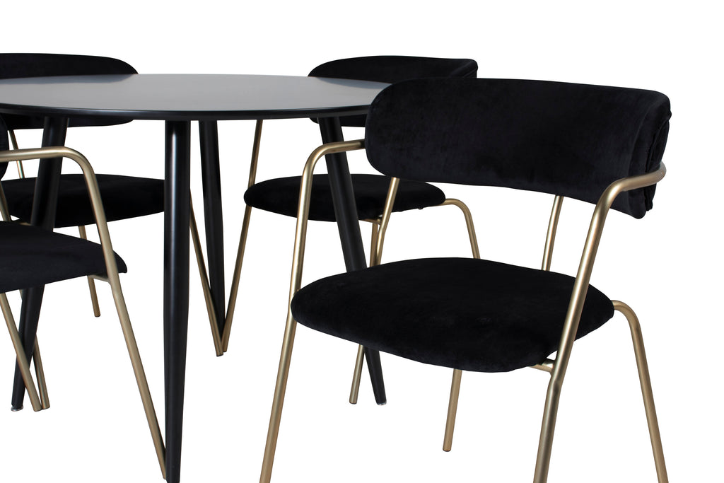 Plaza matgrupp med Arrow-karmstolar Ø100 cm höjd 75 cm svart sammet och mässingsfärgade stolsben