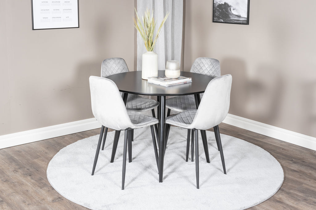 Plaza rund matgrupp med 4 Polar Diamond stolar Ø100 cm höjd 75 cm svart och grå sammet