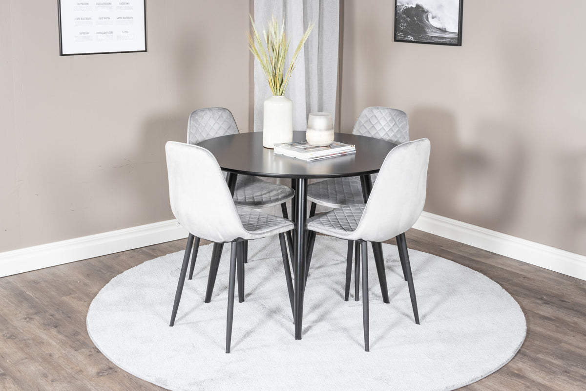 Plaza rund matgrupp med 4 Polar Diamond stolar Ø100 cm höjd 75 cm svart och grå sammet