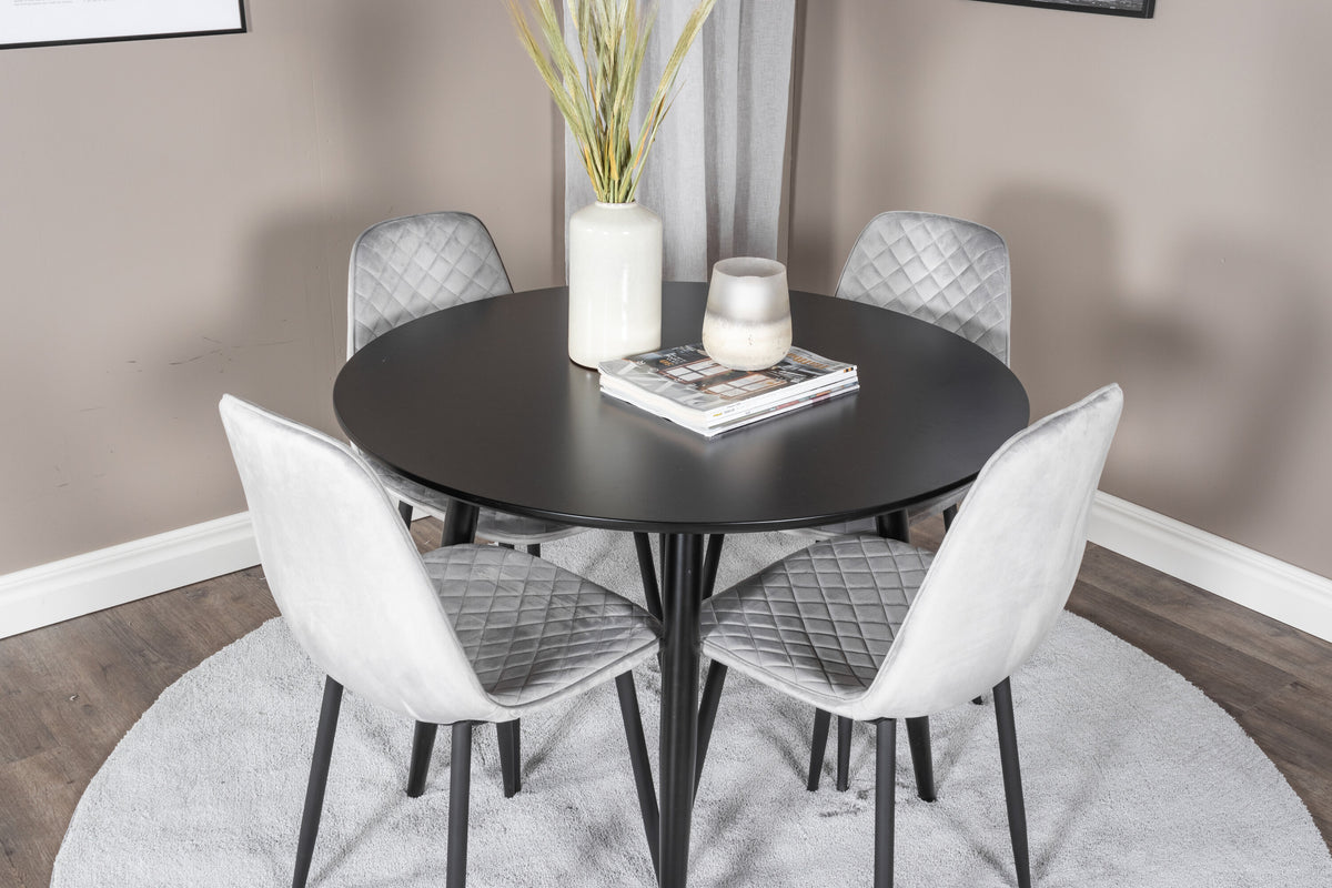 Plaza rund matgrupp med 4 Polar Diamond stolar Ø100 cm höjd 75 cm svart och grå sammet