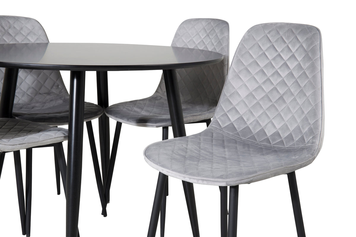 Plaza rund matgrupp med 4 Polar Diamond stolar Ø100 cm höjd 75 cm svart och grå sammet