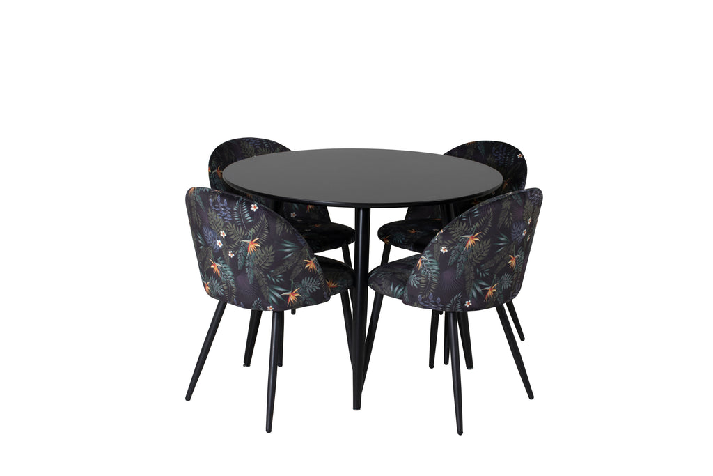 Plaza/Velvet rund matgrupp Ø100 cm höjd 75 cm svart med blommigt tyg