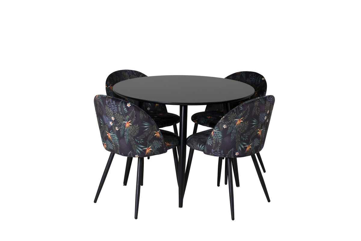 Plaza/Velvet rund matgrupp Ø100 cm höjd 75 cm svart med blommigt tyg