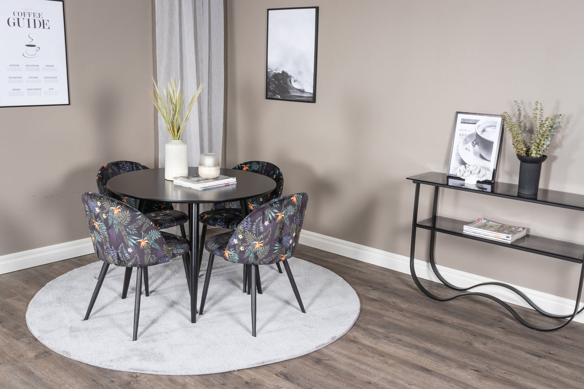 Plaza/Velvet rund matgrupp Ø100 cm höjd 75 cm svart med blommigt tyg