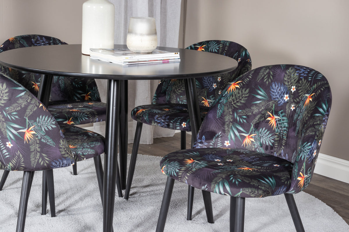 Plaza/Velvet rund matgrupp Ø100 cm höjd 75 cm svart med blommigt tyg