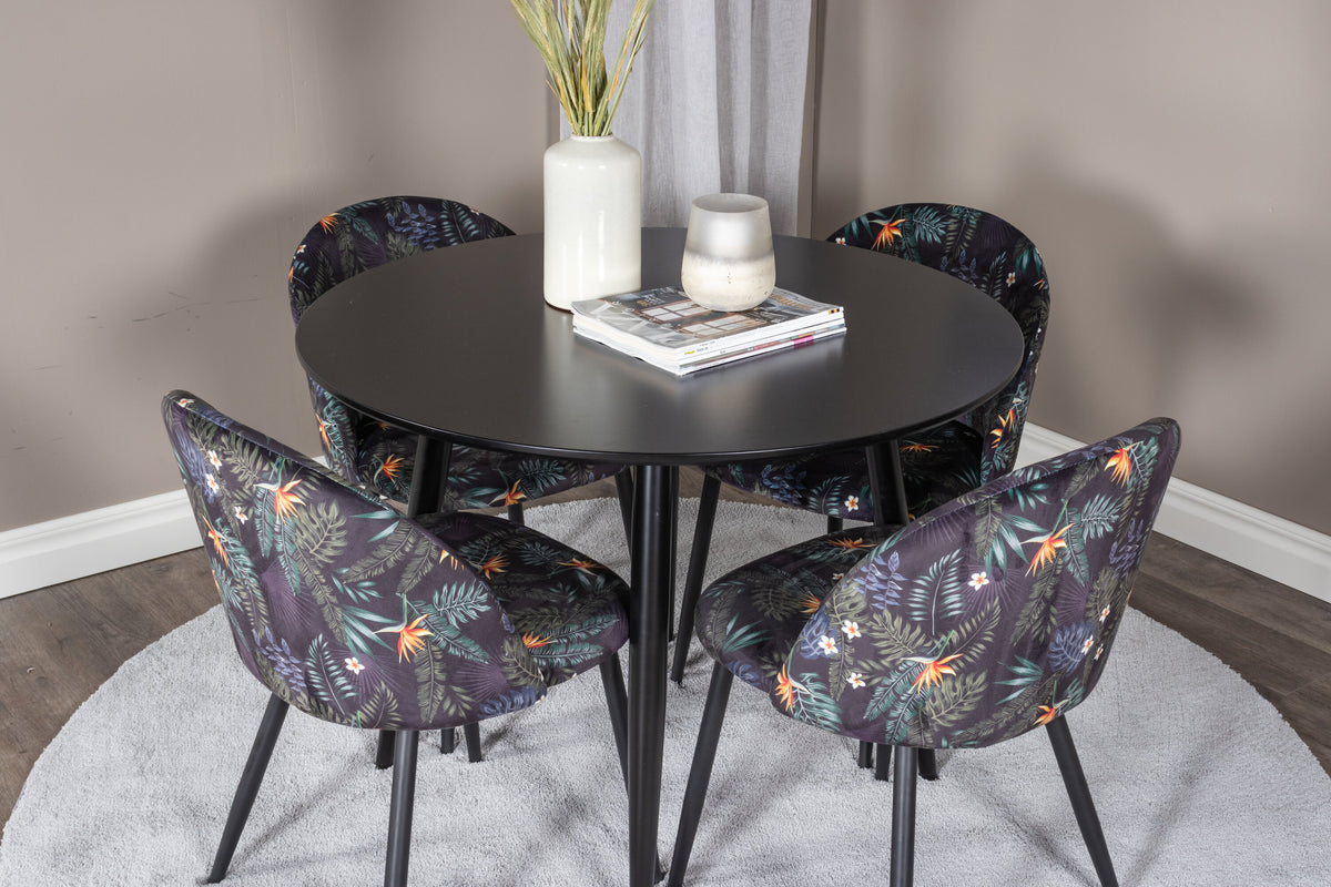 Plaza/Velvet rund matgrupp Ø100 cm höjd 75 cm svart med blommigt tyg