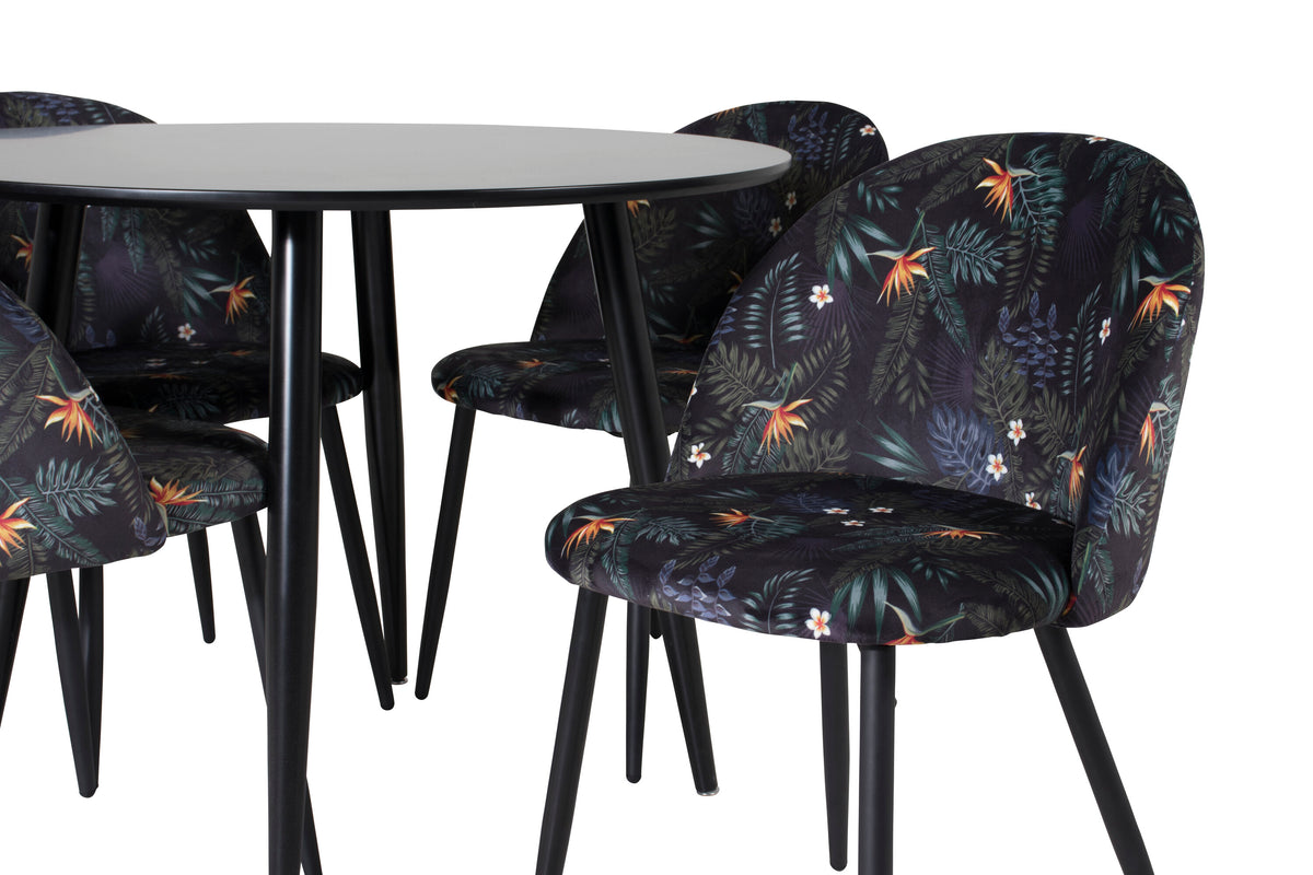 Plaza/Velvet rund matgrupp Ø100 cm höjd 75 cm svart med blommigt tyg
