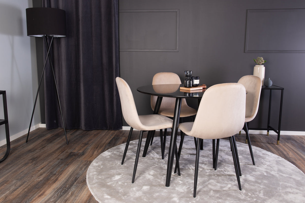 Plaza rund matgrupp med Polar stolar Ø100 cm höjd 75 cm svart/beige sammet