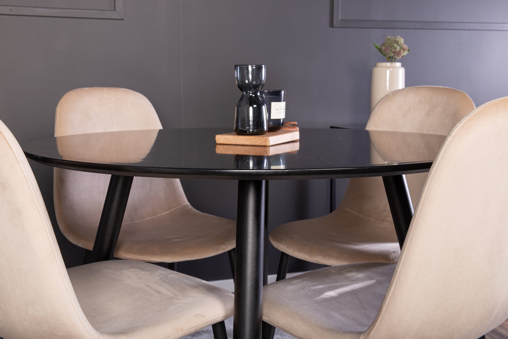 Plaza rund matgrupp med Polar stolar Ø100 cm höjd 75 cm svart/beige sammet