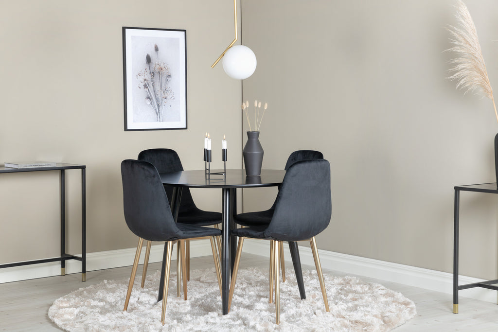 Plaza matgrupp med Polar-stolar Ø100 cm höjd 75 cm svart sammet och matta mässingsfärgade stolsben