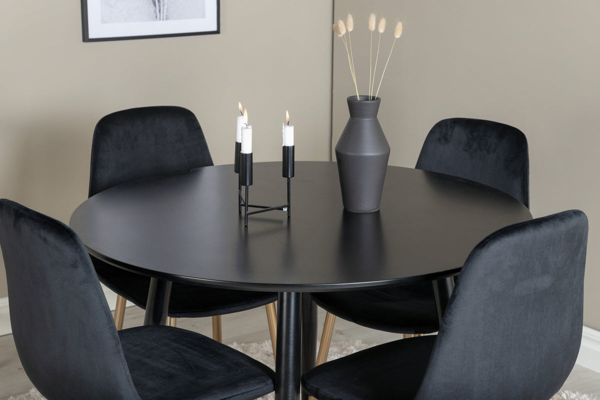 Plaza matgrupp med Polar-stolar Ø100 cm höjd 75 cm svart sammet och matta mässingsfärgade stolsben