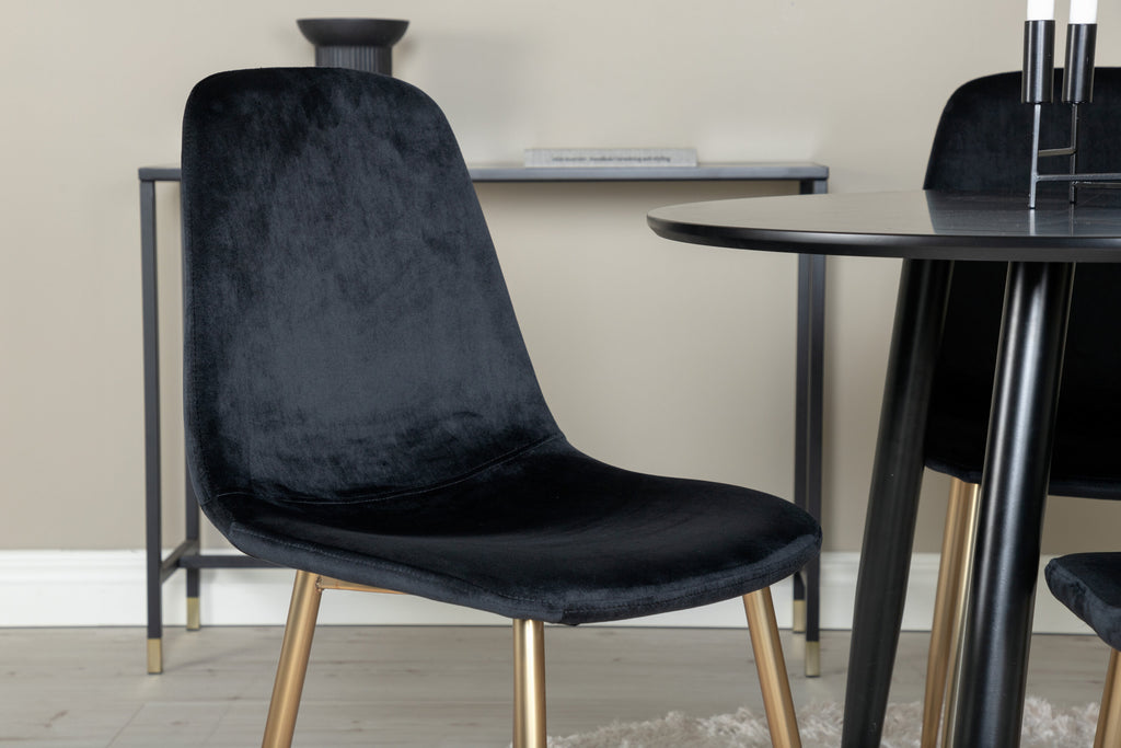 Plaza matgrupp med Polar-stolar Ø100 cm höjd 75 cm svart sammet och matta mässingsfärgade stolsben