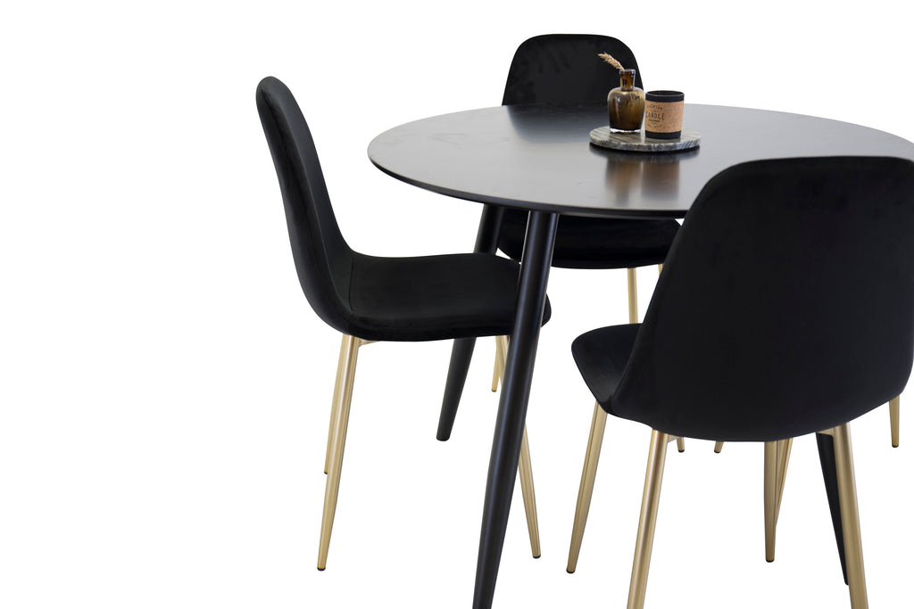 Plaza matgrupp med Polar-stolar Ø100 cm höjd 75 cm svart sammet och matta mässingsfärgade stolsben
