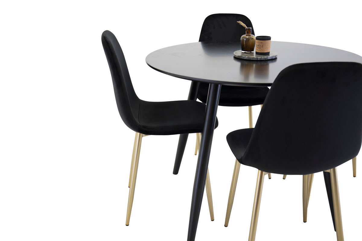 Plaza matgrupp med Polar-stolar Ø100 cm höjd 75 cm svart sammet och matta mässingsfärgade stolsben