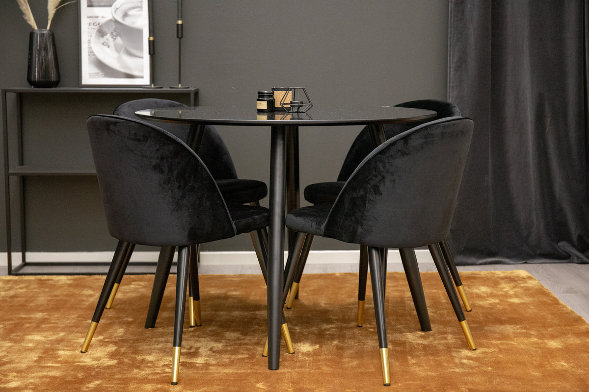 Plaza rund matgrupp med 4 Velvet-stolar Ø100 cm, höjd 75 cm, svart sammet
