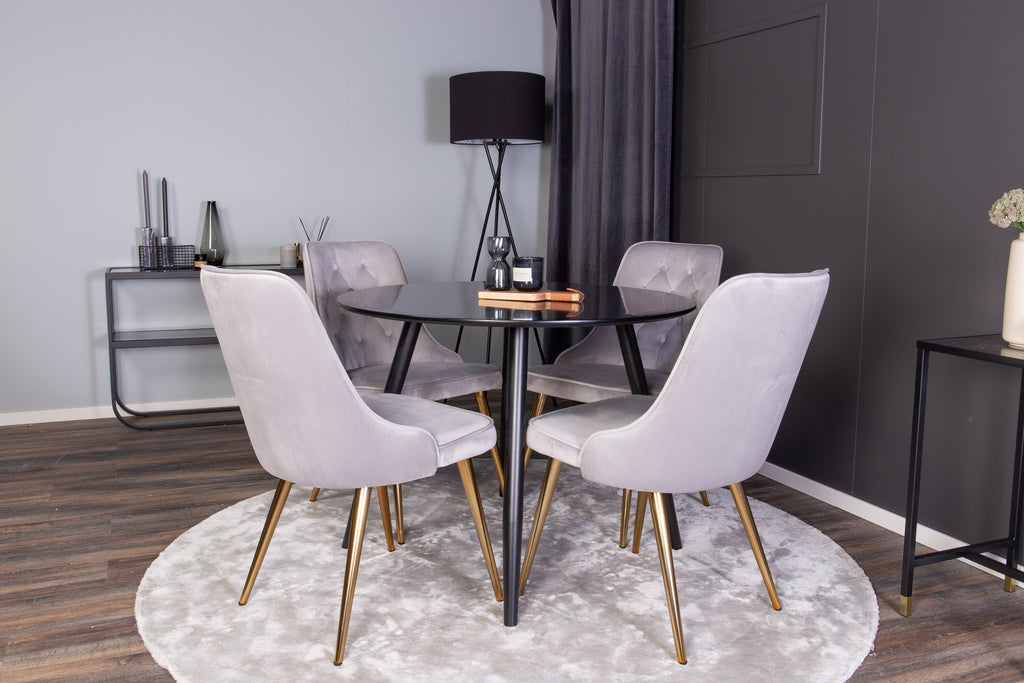 Plaza rund matgrupp med 4 Velvet Deluxe-stolar Ø100 cm, höjd 75 cm, svart/ljusgrå sammet och borstad mässing