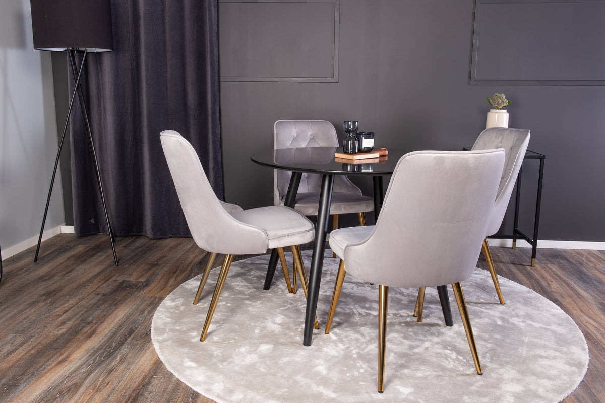 Plaza rund matgrupp med 4 Velvet Deluxe-stolar Ø100 cm, höjd 75 cm, svart/ljusgrå sammet och borstad mässing