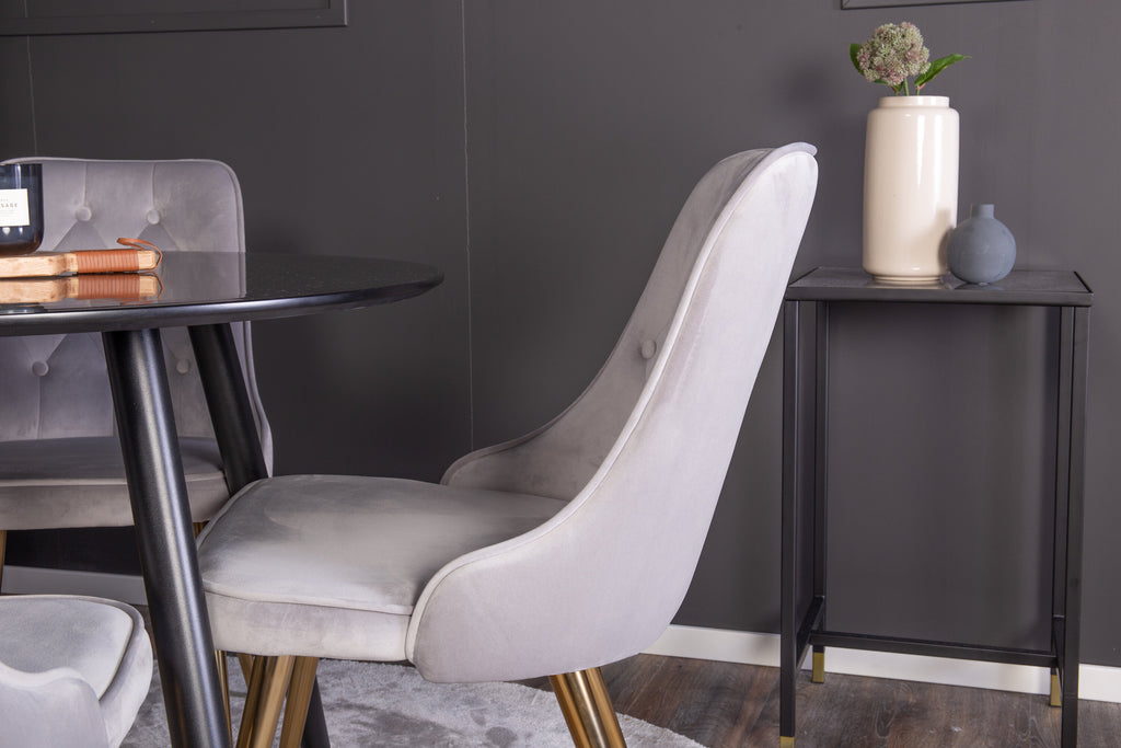 Plaza rund matgrupp med 4 Velvet Deluxe-stolar Ø100 cm, höjd 75 cm, svart/ljusgrå sammet och borstad mässing