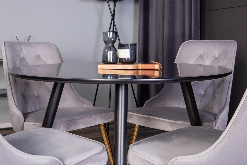 Plaza rund matgrupp med 4 Velvet Deluxe-stolar Ø100 cm, höjd 75 cm, svart/ljusgrå sammet och borstad mässing