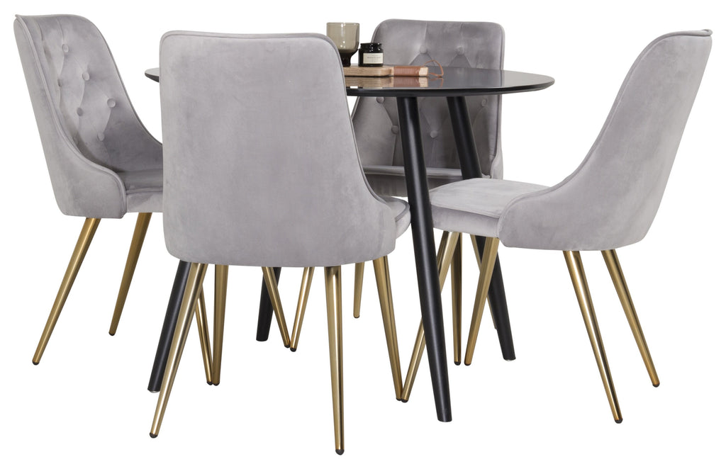 Plaza rund matgrupp med 4 Velvet Deluxe-stolar Ø100 cm, höjd 75 cm, svart/ljusgrå sammet och borstad mässing